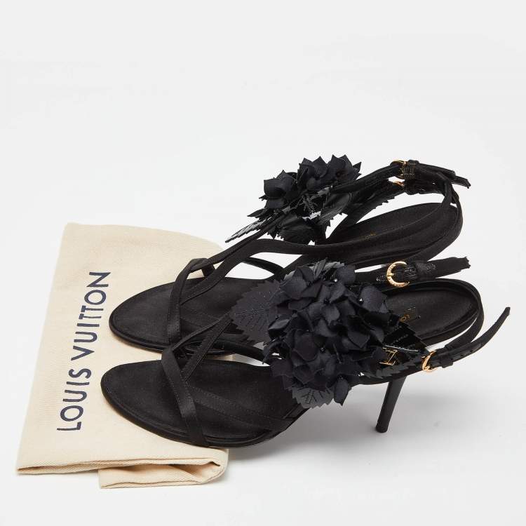 Pre Owned Louis Vuitton Black Satin and Patent Leather Flower Embellished Ankle Strap Sandals Size 38.5