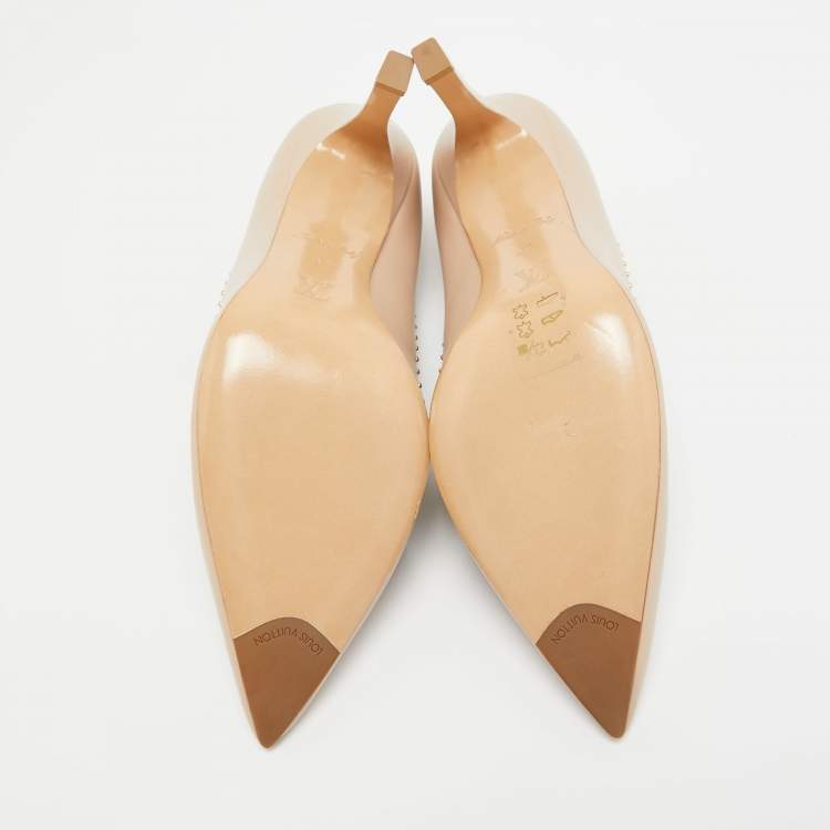 Pre Owned Louis Vuitton Beige/Brown Leather and Monogram Canvas Studded Pumps Size 37