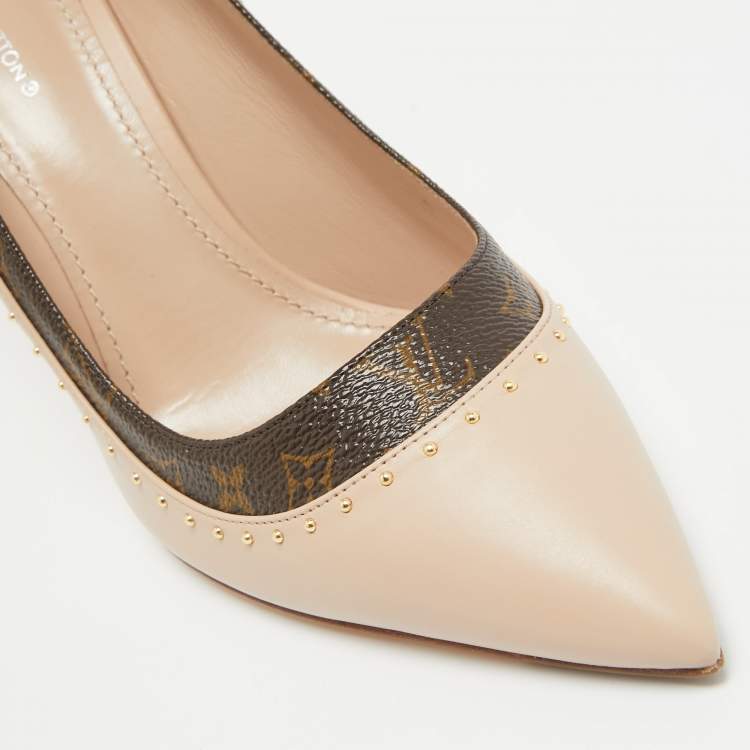 Pre Owned Louis Vuitton Beige/Brown Leather and Monogram Canvas Studded Pumps Size 37