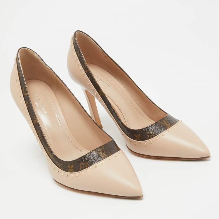 Pre Owned Louis Vuitton Beige/Brown Leather and Monogram Canvas Studded Pumps Size 37