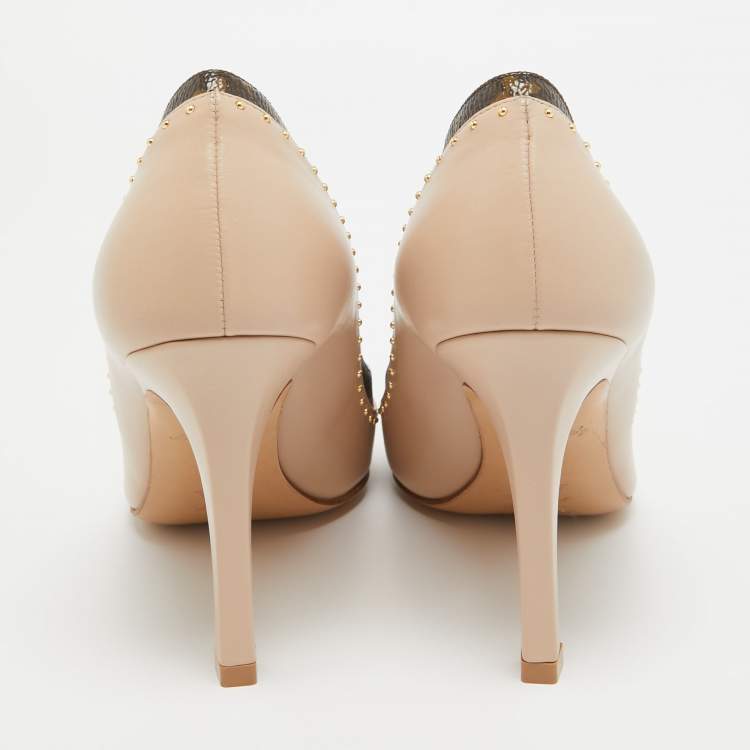 Pre Owned Louis Vuitton Beige/Brown Leather and Monogram Canvas Studded Pumps Size 37