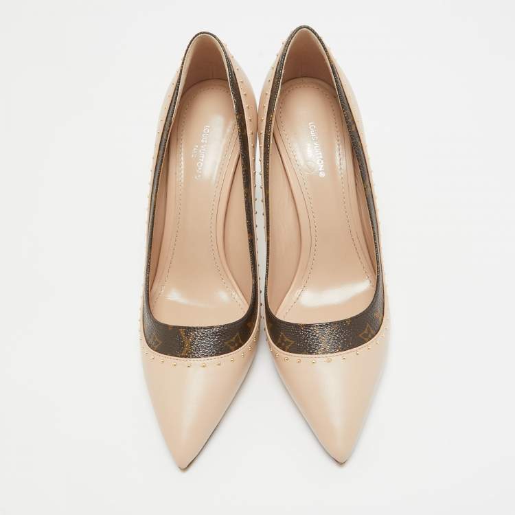 Pre Owned Louis Vuitton Beige/Brown Leather and Monogram Canvas Studded Pumps Size 37