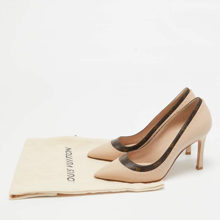 Pre Owned Louis Vuitton Beige/Brown Leather and Monogram Canvas Studded Pumps Size 37