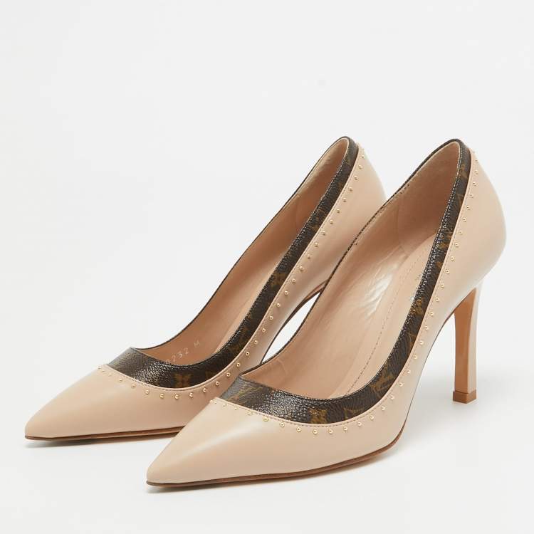 Pre Owned Louis Vuitton Beige/Brown Leather and Monogram Canvas Studded Pumps Size 37