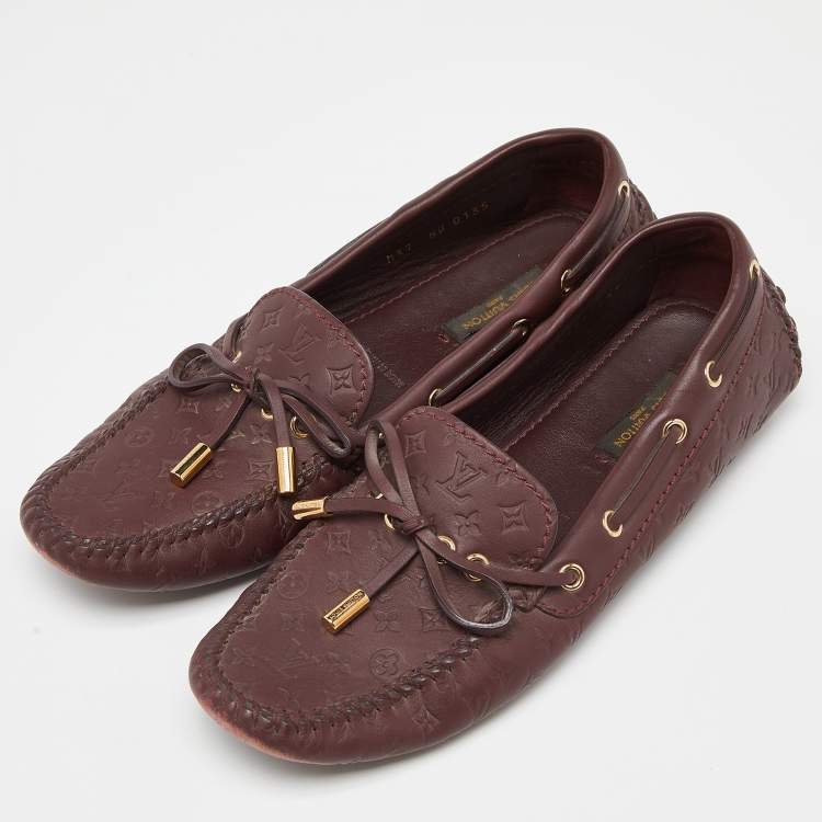 Pre Owned Louis Vuitton Burgundy Leather Gloria Bow Slip On Loafers Size 37