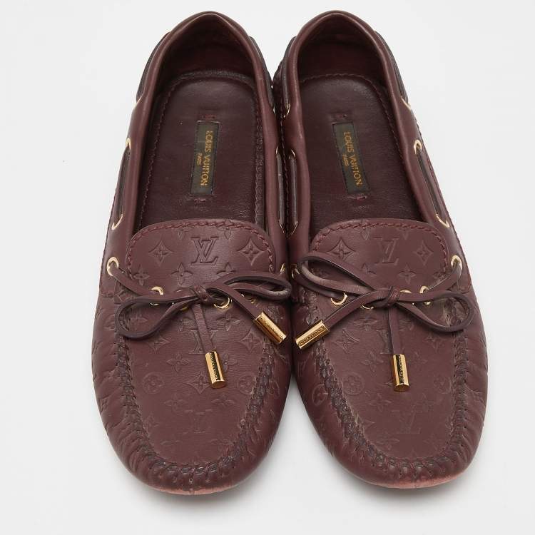 Pre Owned Louis Vuitton Burgundy Leather Gloria Bow Slip On Loafers Size 37