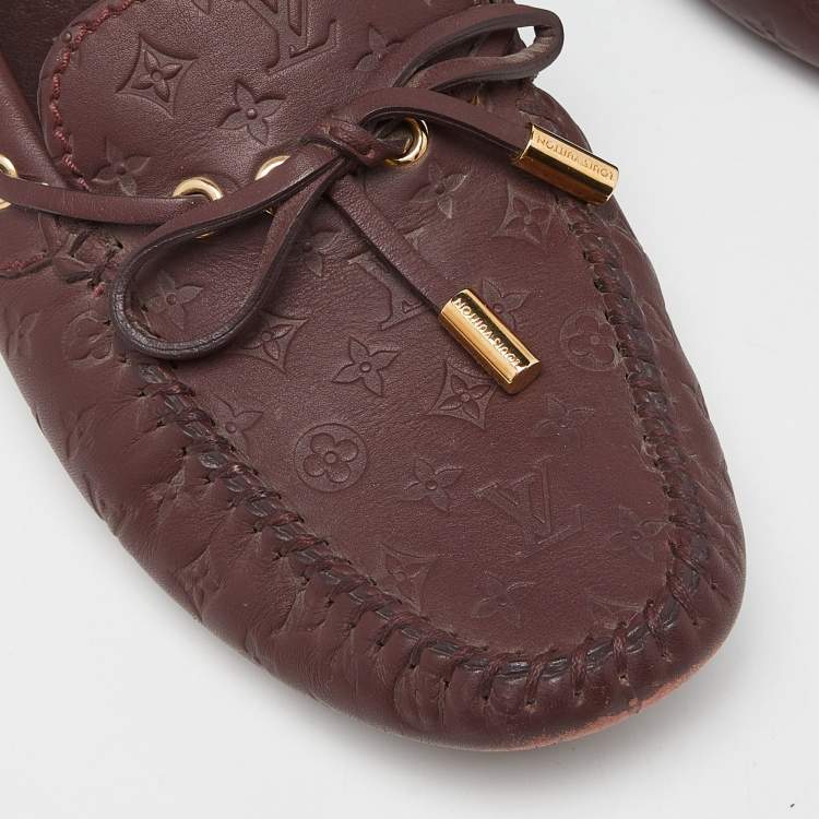 Pre Owned Louis Vuitton Burgundy Leather Gloria Bow Slip On Loafers Size 37