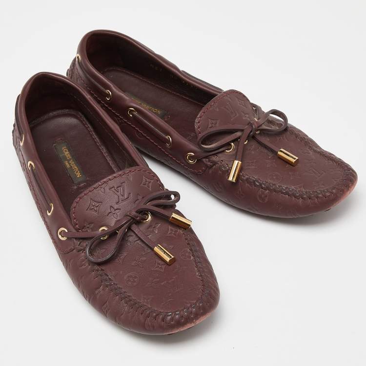 Pre Owned Louis Vuitton Burgundy Leather Gloria Bow Slip On Loafers Size 37
