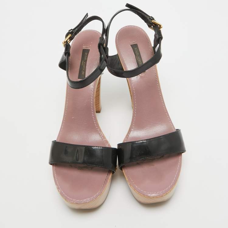 Pre Owned Louis Vuitton Black Patent Leather  Ankle Strap Sandals Size 38