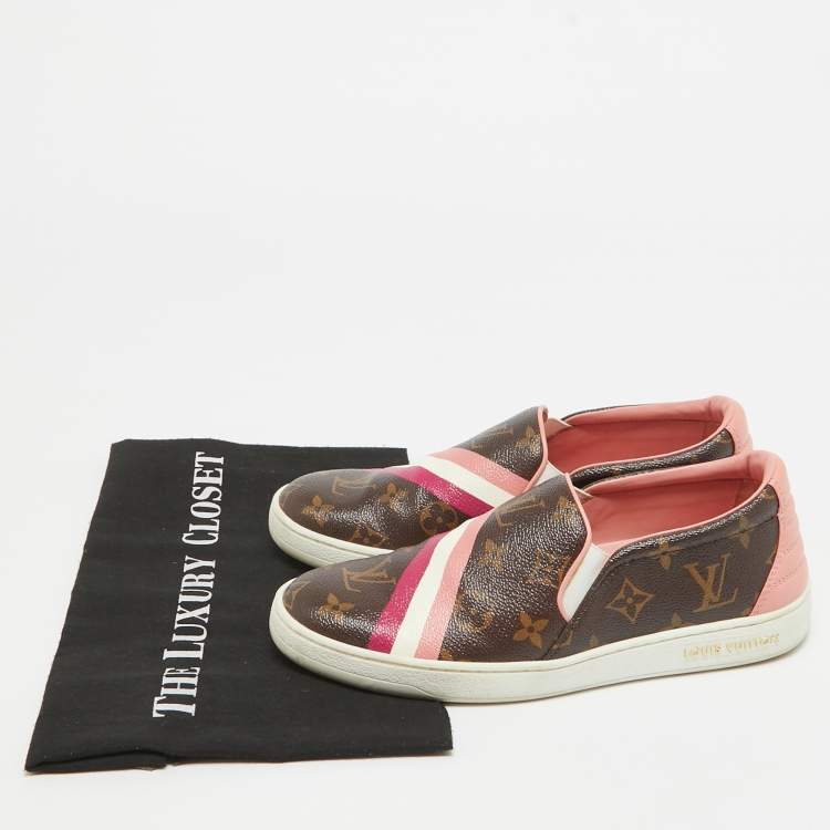Pre Owned Louis Vuitton Brown/Pink Leather and Canvas Frontrow Sneakers Size 36.5
