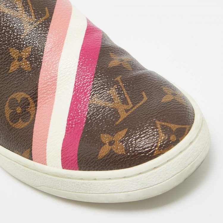 Pre Owned Louis Vuitton Brown/Pink Leather and Canvas Frontrow Sneakers Size 36.5