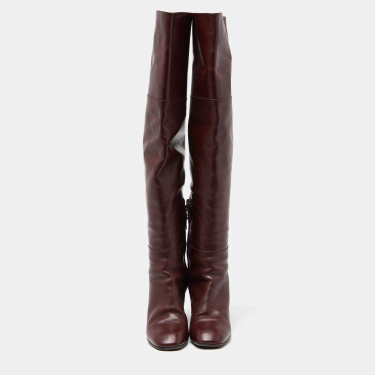 Pre Owned Louis Vuitton Burgundy Leather Over The Knee Length Boots Size 39