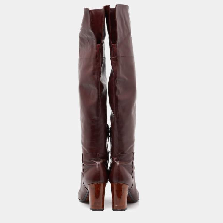 Pre Owned Louis Vuitton Burgundy Leather Over The Knee Length Boots Size 39