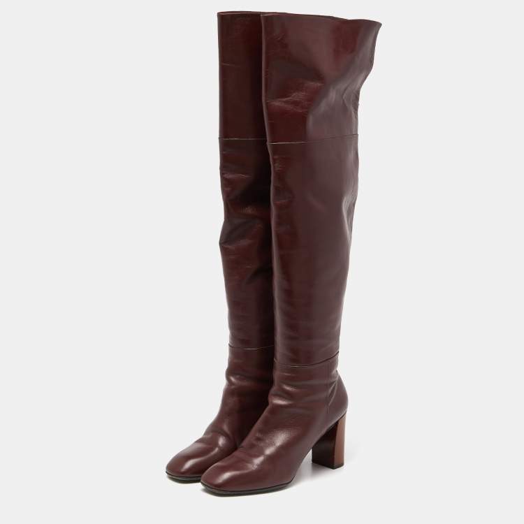 Pre Owned Louis Vuitton Burgundy Leather Over The Knee Length Boots Size 39