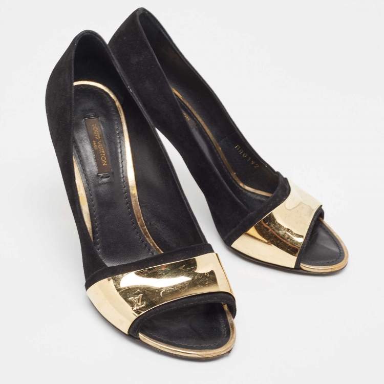 Pre Owned Louis Vuitton Black Suede Open Toe Pumps Size 38