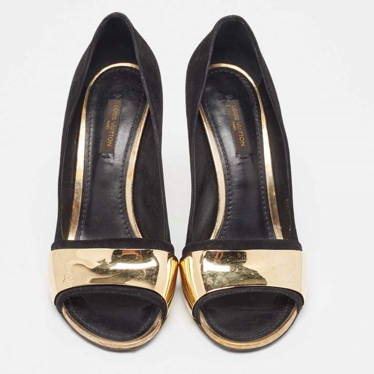 Pre Owned Louis Vuitton Black Suede Open Toe Pumps Size 38