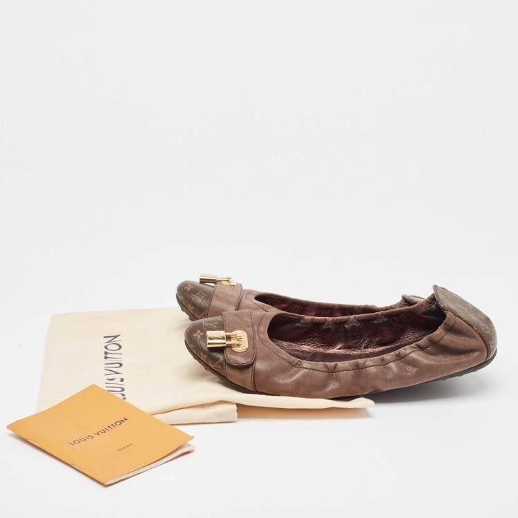 Pre Owned Louis Vuitton Brown Glitter Nubuck and Monogram Canvas Lucky Ballet Flats Size 38.5
