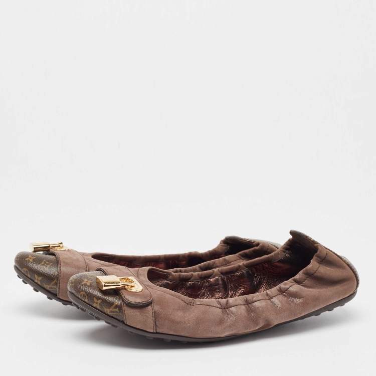 Pre Owned Louis Vuitton Brown Glitter Nubuck and Monogram Canvas Lucky Ballet Flats Size 38.5