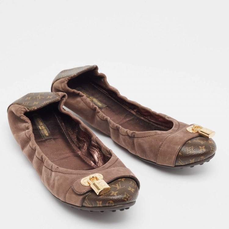 Pre Owned Louis Vuitton Brown Glitter Nubuck and Monogram Canvas Lucky Ballet Flats Size 38.5