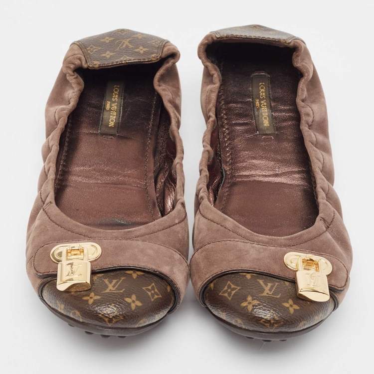 Pre Owned Louis Vuitton Brown Glitter Nubuck and Monogram Canvas Lucky Ballet Flats Size 38.5
