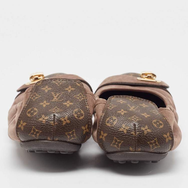 Pre Owned Louis Vuitton Brown Glitter Nubuck and Monogram Canvas Lucky Ballet Flats Size 38.5