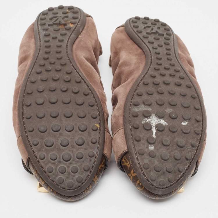 Pre Owned Louis Vuitton Brown Glitter Nubuck and Monogram Canvas Lucky Ballet Flats Size 38.5