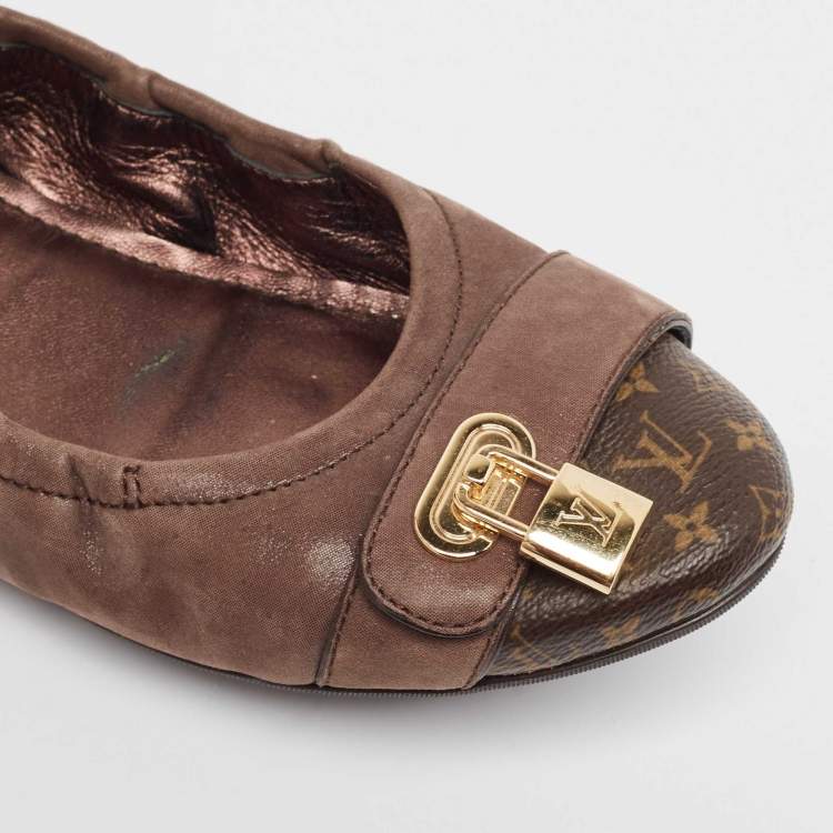 Pre Owned Louis Vuitton Brown Glitter Nubuck and Monogram Canvas Lucky Ballet Flats Size 38.5