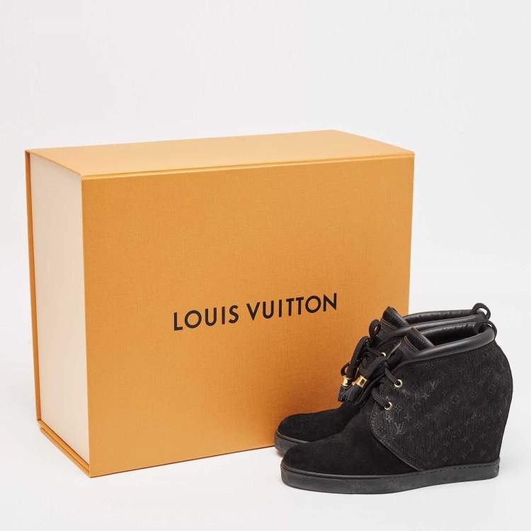 Pre Owned Louis Vuitton Black Monogram Suede and Leather Wedge Sneakers Size 39.5