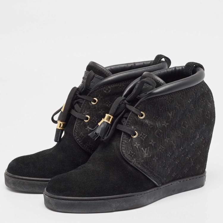 Pre Owned Louis Vuitton Black Monogram Suede and Leather Wedge Sneakers Size 39.5