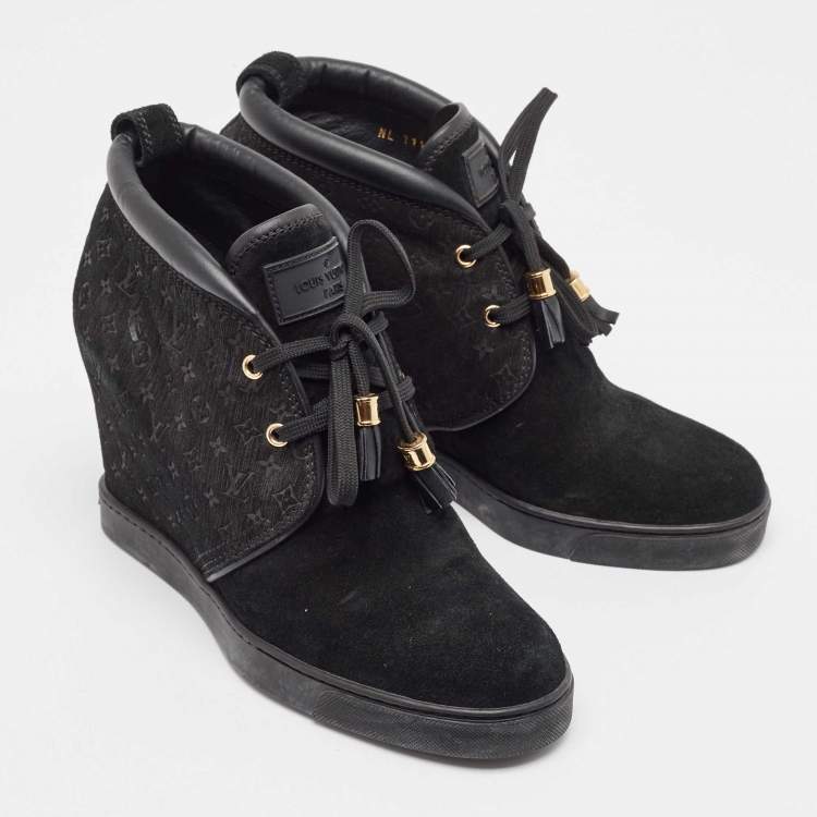 Pre Owned Louis Vuitton Black Monogram Suede and Leather Wedge Sneakers Size 39.5