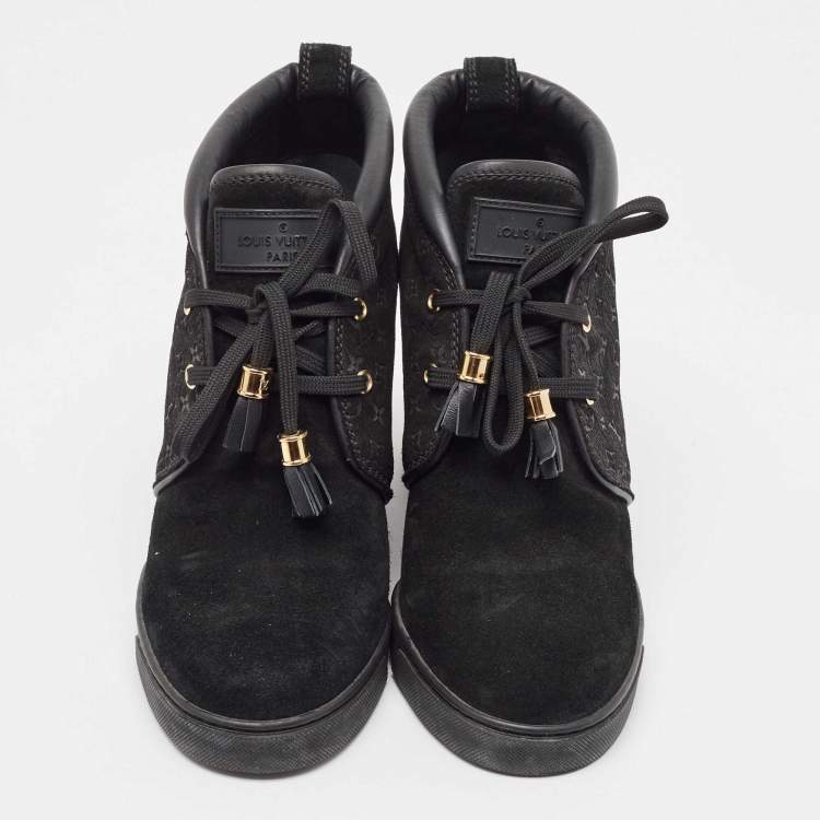 Pre Owned Louis Vuitton Black Monogram Suede and Leather Wedge Sneakers Size 39.5
