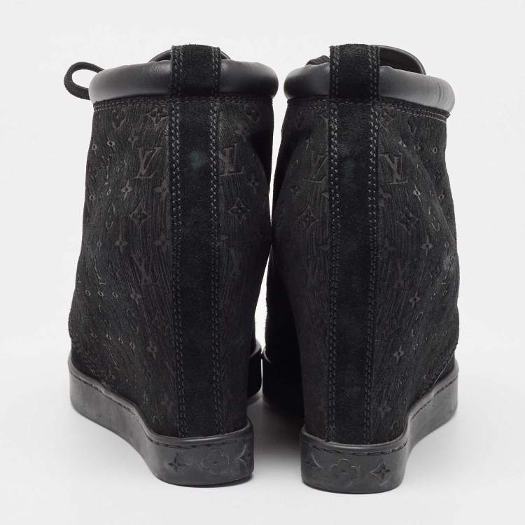 Pre Owned Louis Vuitton Black Monogram Suede and Leather Wedge Sneakers Size 39.5