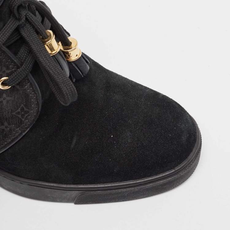 Pre Owned Louis Vuitton Black Monogram Suede and Leather Wedge Sneakers Size 39.5