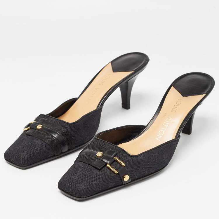 Pre Owned Louis Vuitton Black Monogram Canvas and Leather Slide Mules Size 38.5
