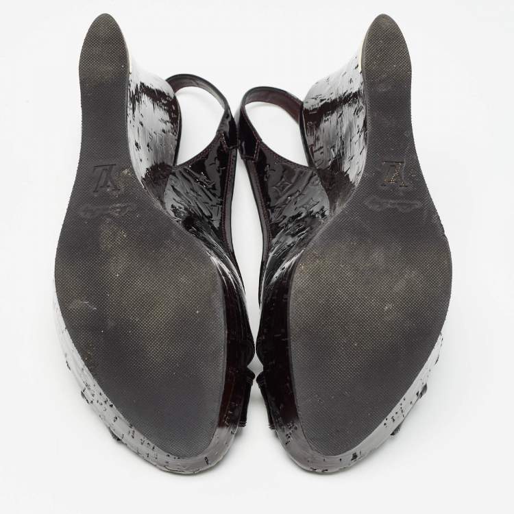 Pre Owned Louis Vuitton Dark Burgundy Monogram Patent Leather Pantheon Wedge Sandals Size 39