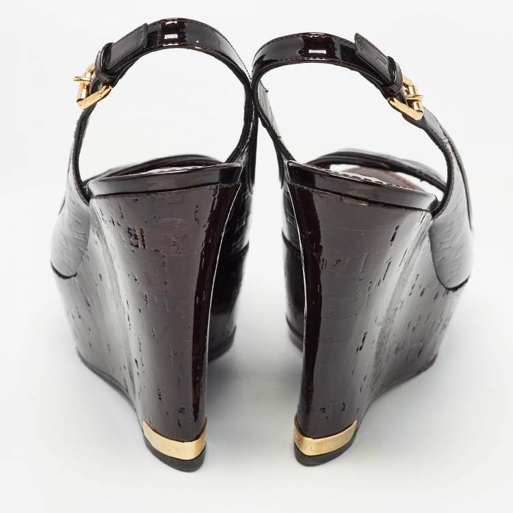 Pre Owned Louis Vuitton Dark Burgundy Monogram Patent Leather Pantheon Wedge Sandals Size 39