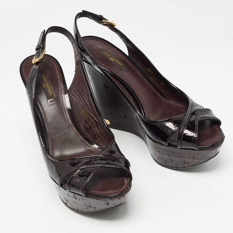Pre Owned Louis Vuitton Dark Burgundy Monogram Patent Leather Pantheon Wedge Sandals Size 39