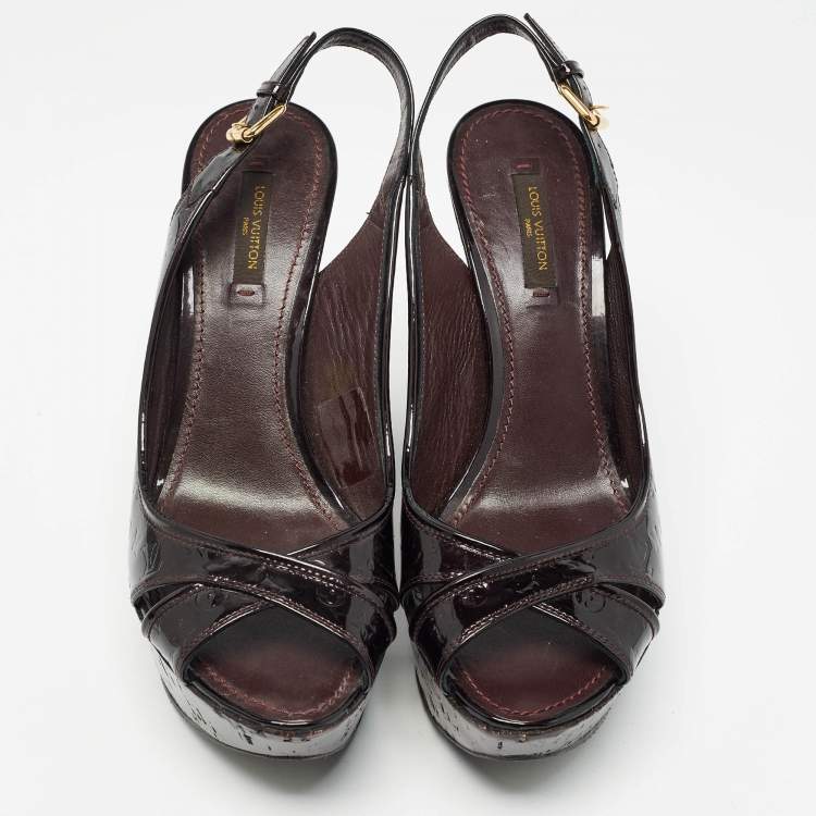 Pre Owned Louis Vuitton Dark Burgundy Monogram Patent Leather Pantheon Wedge Sandals Size 39