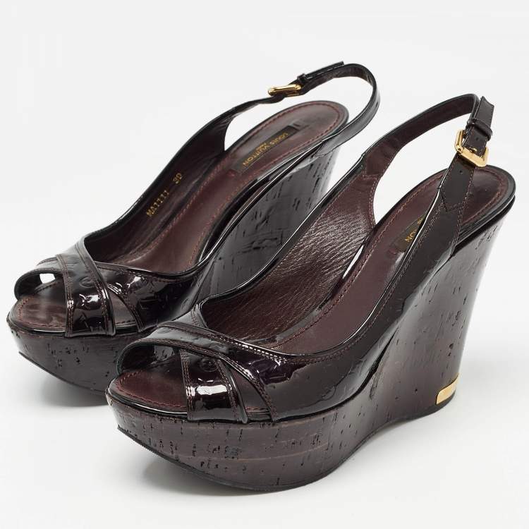 Pre Owned Louis Vuitton Dark Burgundy Monogram Patent Leather Pantheon Wedge Sandals Size 39