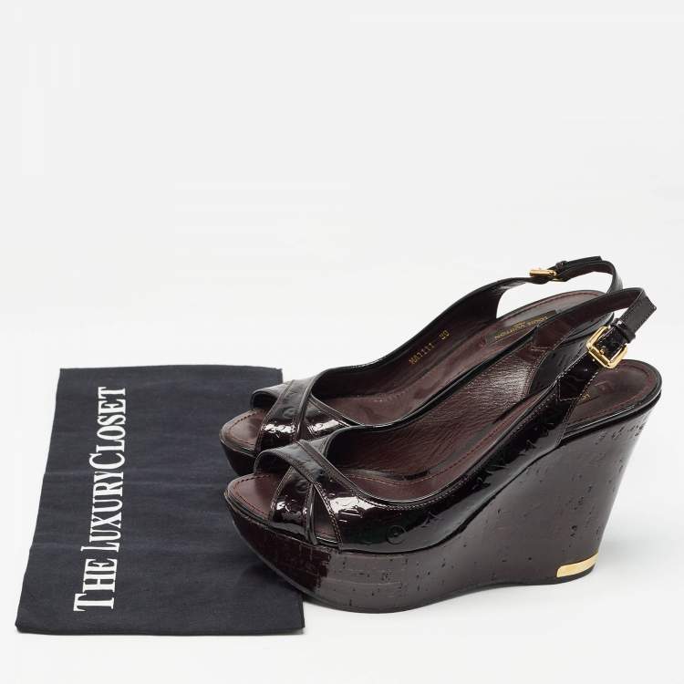 Pre Owned Louis Vuitton Dark Burgundy Monogram Patent Leather Pantheon Wedge Sandals Size 39