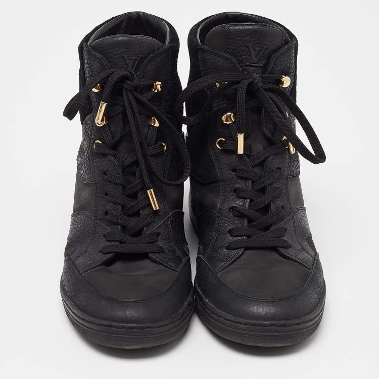 Pre Owned Louis Vuitton Black Leather and Monogram Suede Wedge High Top Sneakers Size 38