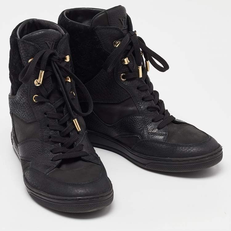 Pre Owned Louis Vuitton Black Leather and Monogram Suede Wedge High Top Sneakers Size 38