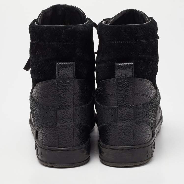 Pre Owned Louis Vuitton Black Leather and Monogram Suede Wedge High Top Sneakers Size 38