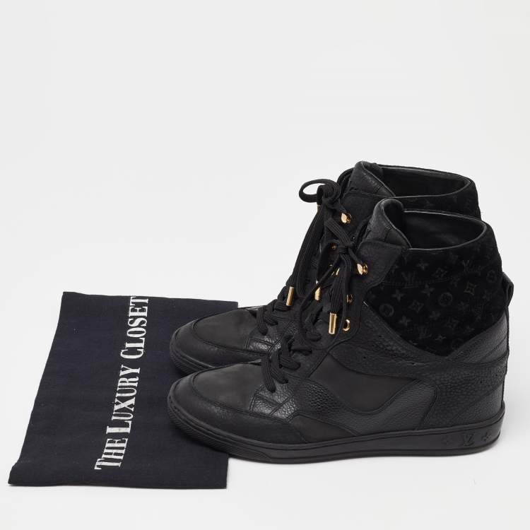 Pre Owned Louis Vuitton Black Leather and Monogram Suede Wedge High Top Sneakers Size 38
