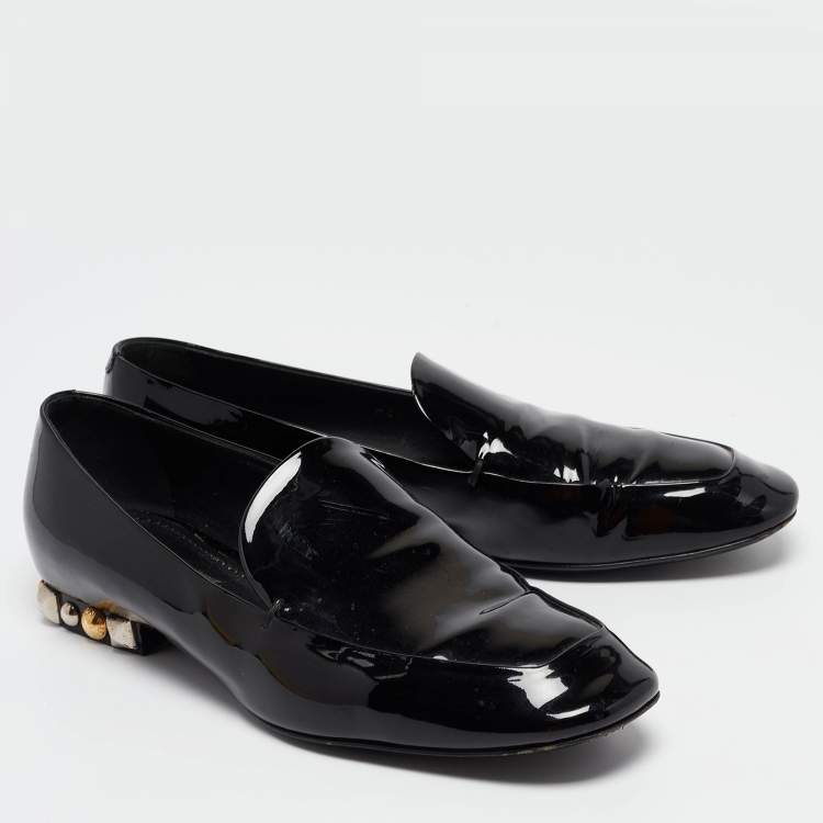 Pre Owned Louis Vuitton Black Patent Leather Studded Smoking Slipper Size 36.5