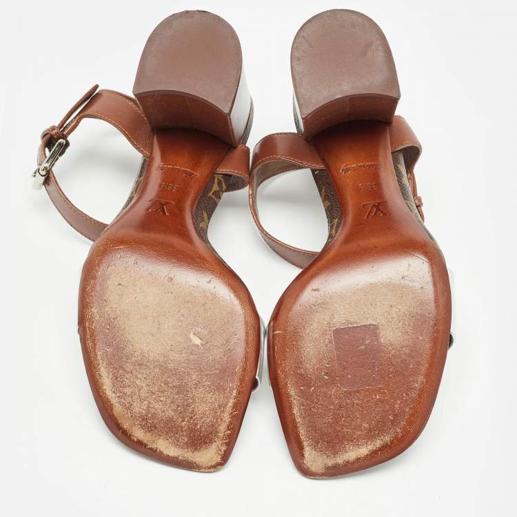 Pre Owned Louis Vuitton Silver/Brown Leather Bloom Ankle Strap Sandals Size 38.5