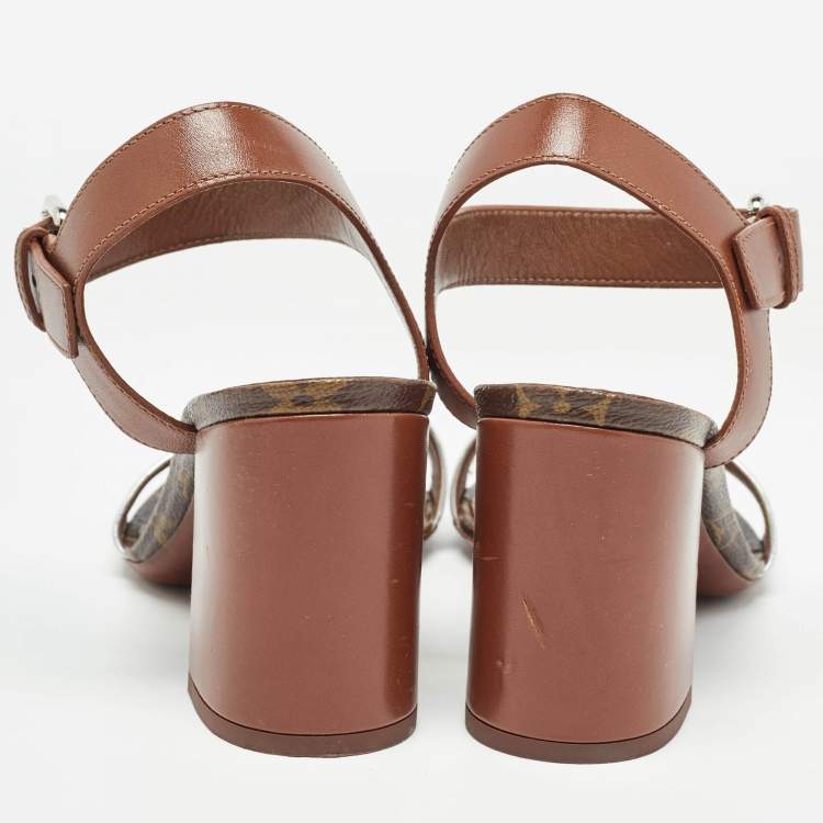 Pre Owned Louis Vuitton Silver/Brown Leather Bloom Ankle Strap Sandals Size 38.5