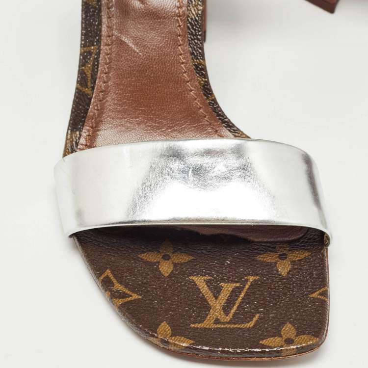 Pre Owned Louis Vuitton Silver/Brown Leather Bloom Ankle Strap Sandals Size 38.5
