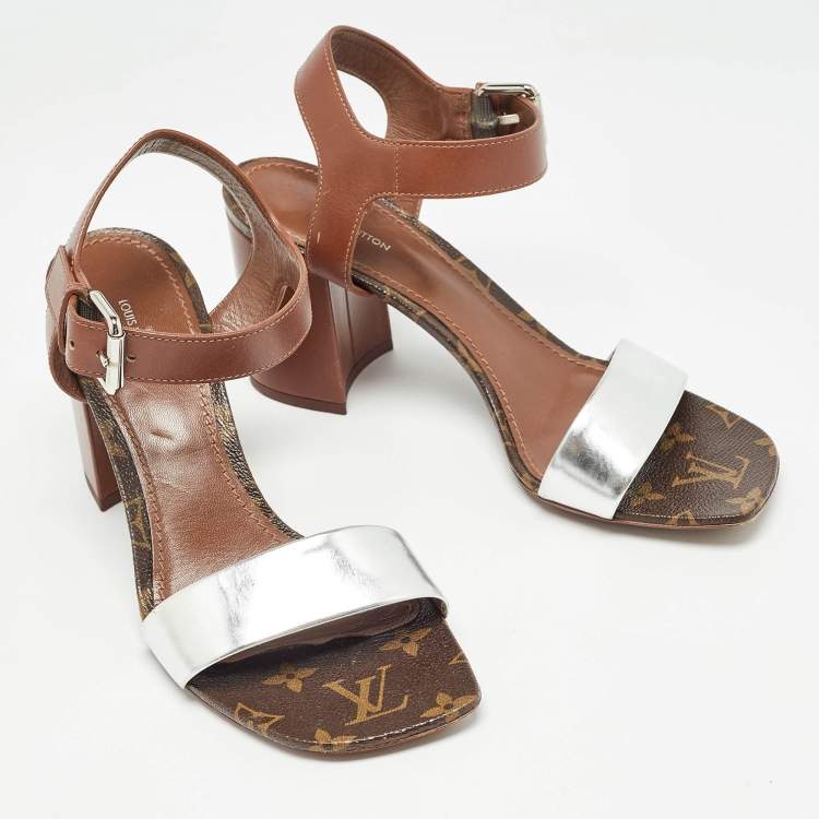 Pre Owned Louis Vuitton Silver/Brown Leather Bloom Ankle Strap Sandals Size 38.5