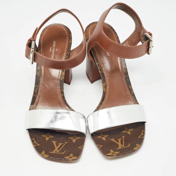 Pre Owned Louis Vuitton Silver/Brown Leather Bloom Ankle Strap Sandals Size 38.5